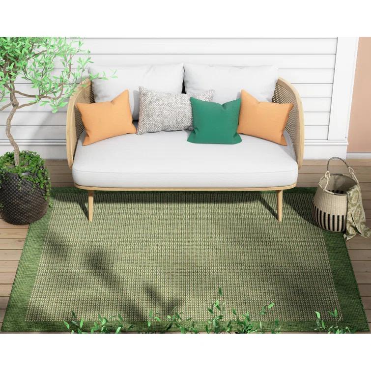 Marshanna Odin Solid Striped Border Indoor Outdoor Green Flatweave Rug