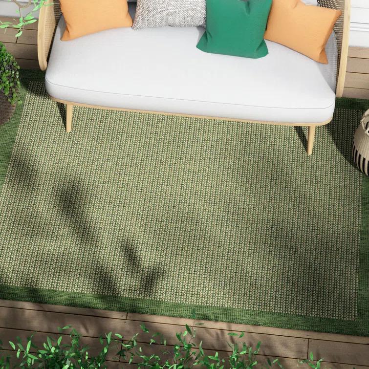 Marshanna Odin Solid Striped Border Indoor Outdoor Green Flatweave Rug