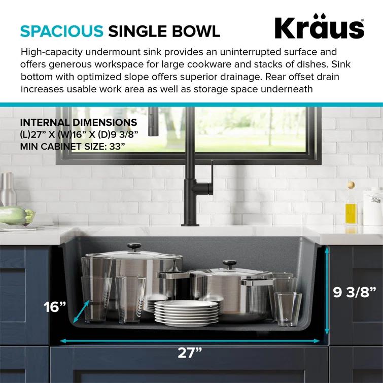 29 in. KRAUS Bellucci Workstation Undermount Granite Composite Single Bowl Kitchen Sink with Accessories