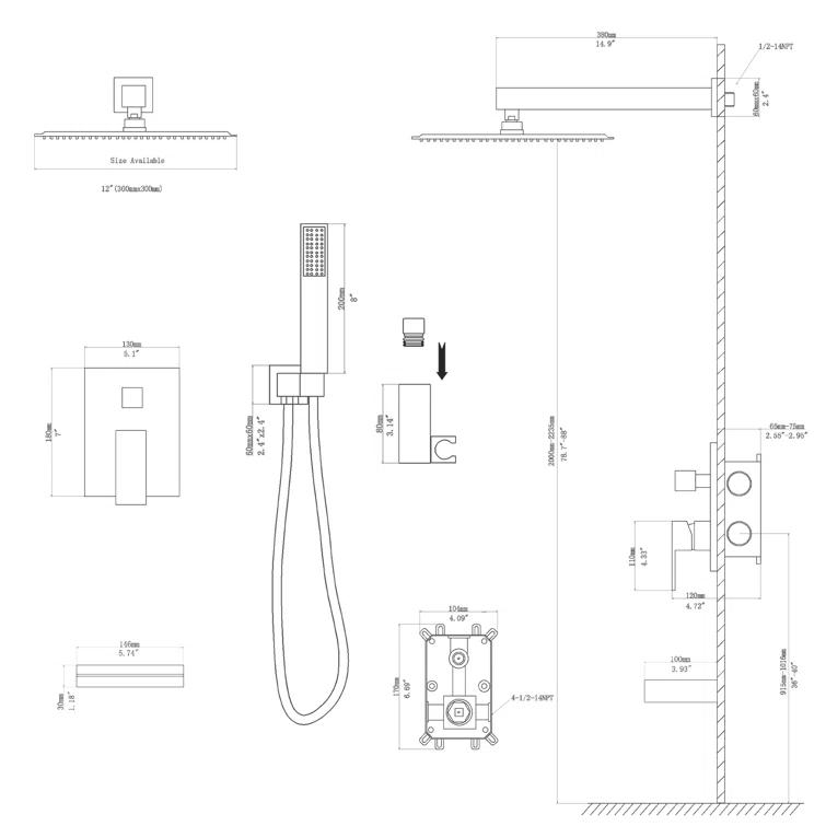 Kichae KE-KH-SLF16013-SS 12 Inch Dual Shower Head Wall Mounted Shower System with Rough-In Valve