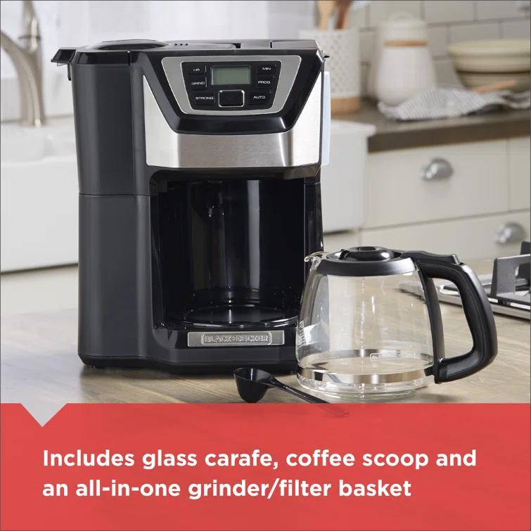 BLACK+DECKER 12-Cup Mill and Brew Coffee Maker, Automatic Grind and Brew Drip Coffee Machine, Programmable, Sneak-A-Cup, Reusable Filter
