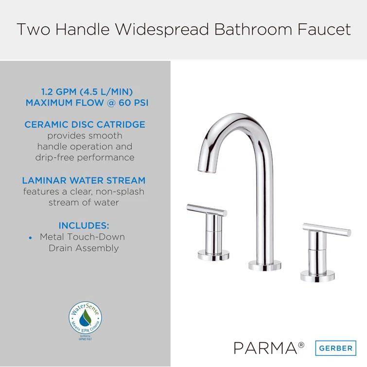 Parma 2-Handle Widespread Bathroom Faucet with Metal Touch Down Drain