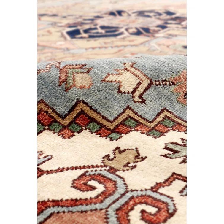 Serapi Hand-Knotted Wool Oriental Area Rug in Light Blue/Ivory/Navy/Yellow