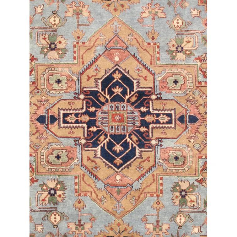 Serapi Hand-Knotted Wool Oriental Area Rug in Light Blue/Ivory/Navy/Yellow