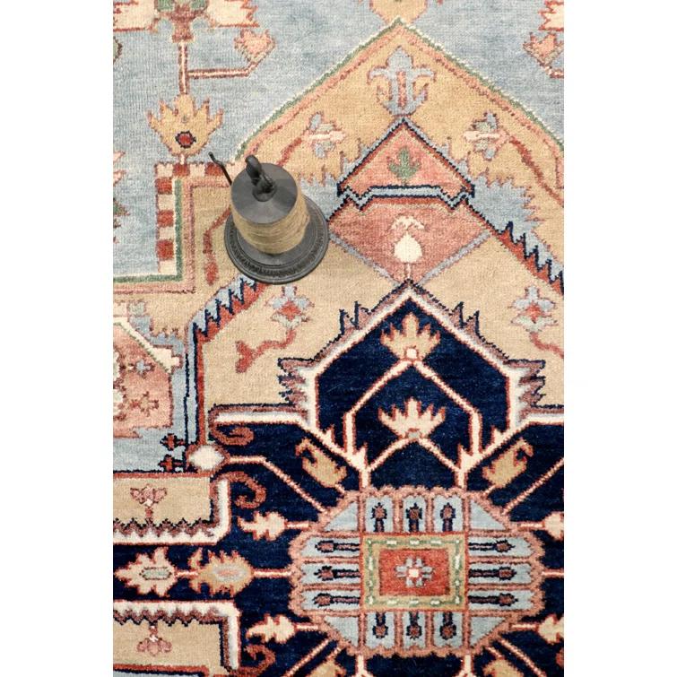 Serapi Hand-Knotted Wool Oriental Area Rug in Light Blue/Ivory/Navy/Yellow