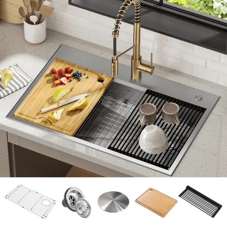 Kraus KWT310-33/5.5 Kore™ ADA Workstation 33" L Drop-In Top Mount 16 Gauge Stainless Steel Single Bowl Kitchen Sink with Accessories