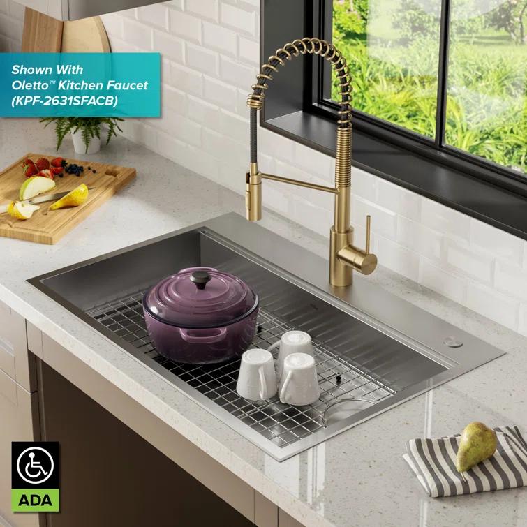 Kraus KWT310-33/5.5 Kore™ ADA Workstation 33" L Drop-In Top Mount 16 Gauge Stainless Steel Single Bowl Kitchen Sink with Accessories
