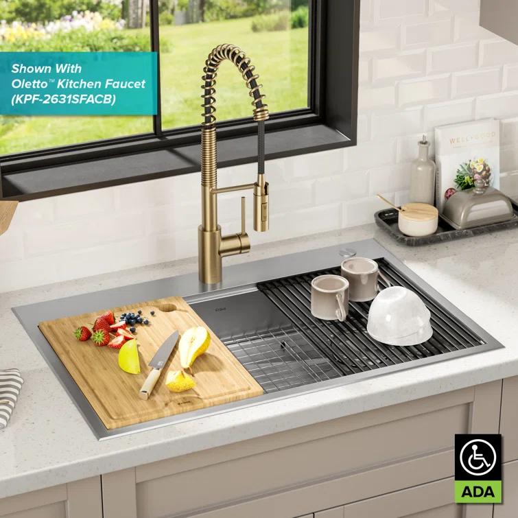 Kraus KWT310-33/5.5 Kore™ ADA Workstation 33" L Drop-In Top Mount 16 Gauge Stainless Steel Single Bowl Kitchen Sink with Accessories