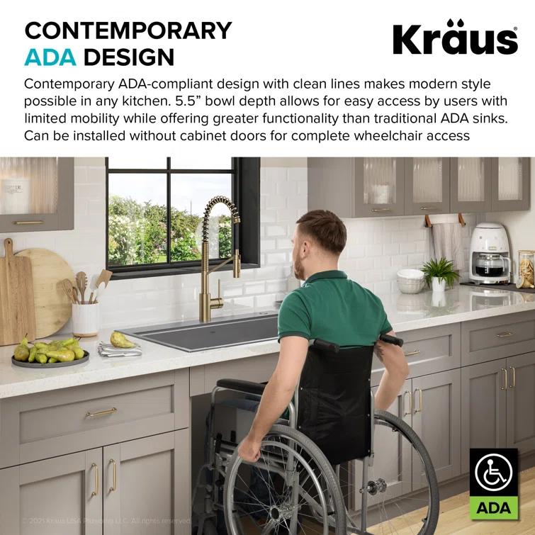 Kraus KWT310-33/5.5 Kore™ ADA Workstation 33" L Drop-In Top Mount 16 Gauge Stainless Steel Single Bowl Kitchen Sink with Accessories