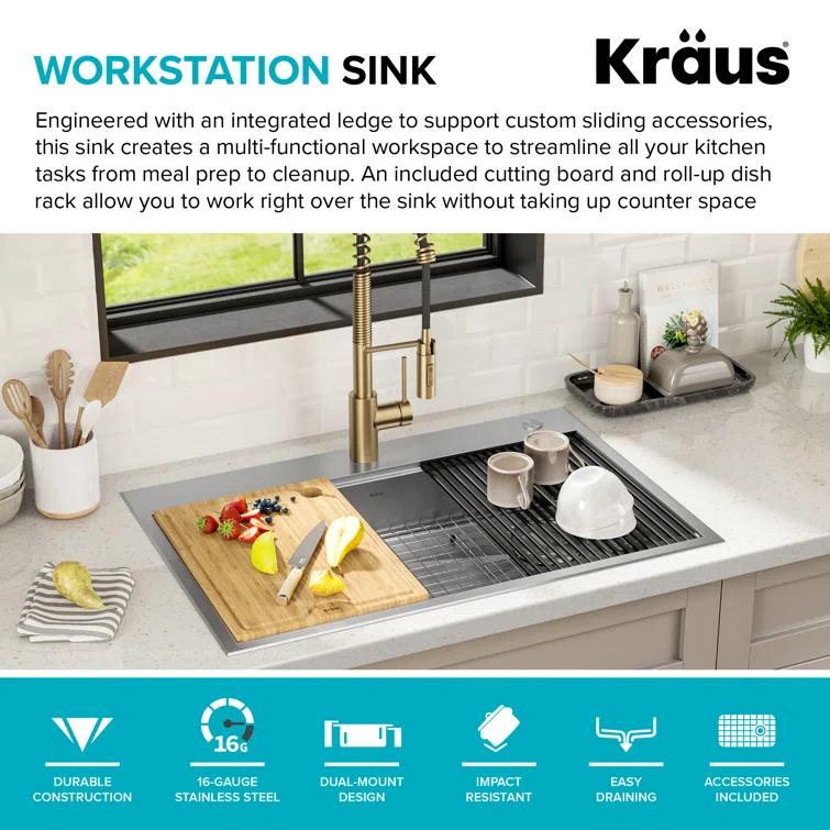 Kraus KWT310-33/5.5 Kore™ ADA Workstation 33" L Drop-In Top Mount 16 Gauge Stainless Steel Single Bowl Kitchen Sink with Accessories
