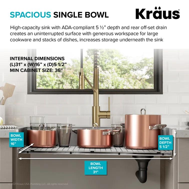 Kraus KWT310-33/5.5 Kore™ ADA Workstation 33" L Drop-In Top Mount 16 Gauge Stainless Steel Single Bowl Kitchen Sink with Accessories