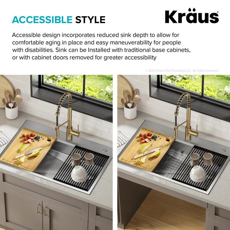Kraus KWT310-33/5.5 Kore™ ADA Workstation 33" L Drop-In Top Mount 16 Gauge Stainless Steel Single Bowl Kitchen Sink with Accessories