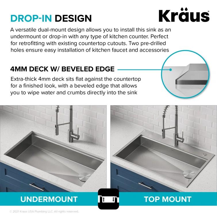 Kraus KWT310-33/5.5 Kore™ ADA Workstation 33" L Drop-In Top Mount 16 Gauge Stainless Steel Single Bowl Kitchen Sink with Accessories