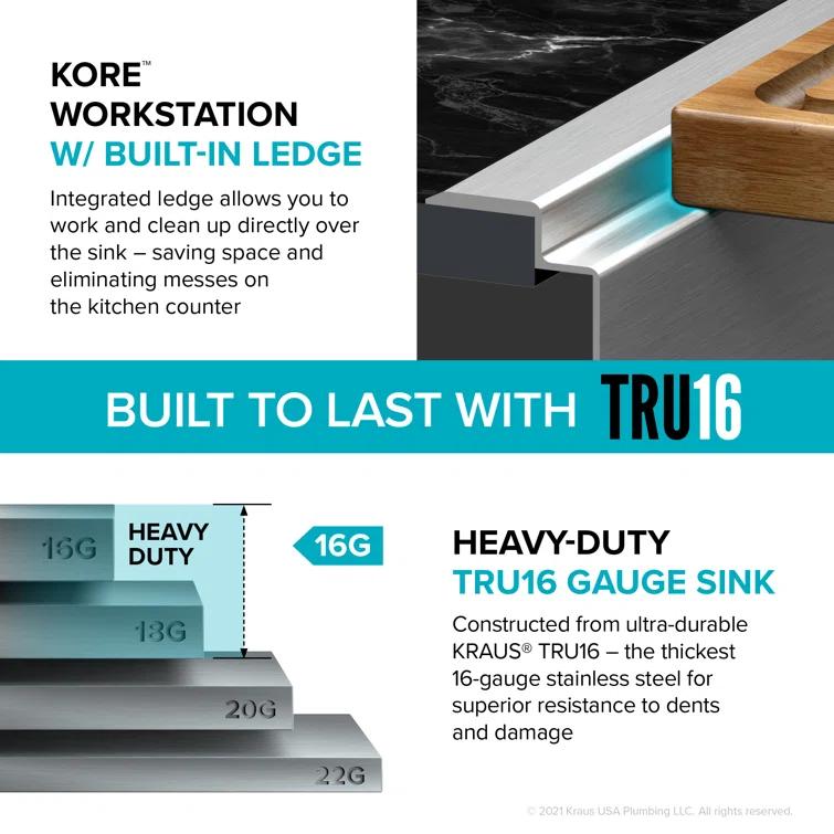 Kraus KWT310-33/5.5 Kore™ ADA Workstation 33" L Drop-In Top Mount 16 Gauge Stainless Steel Single Bowl Kitchen Sink with Accessories