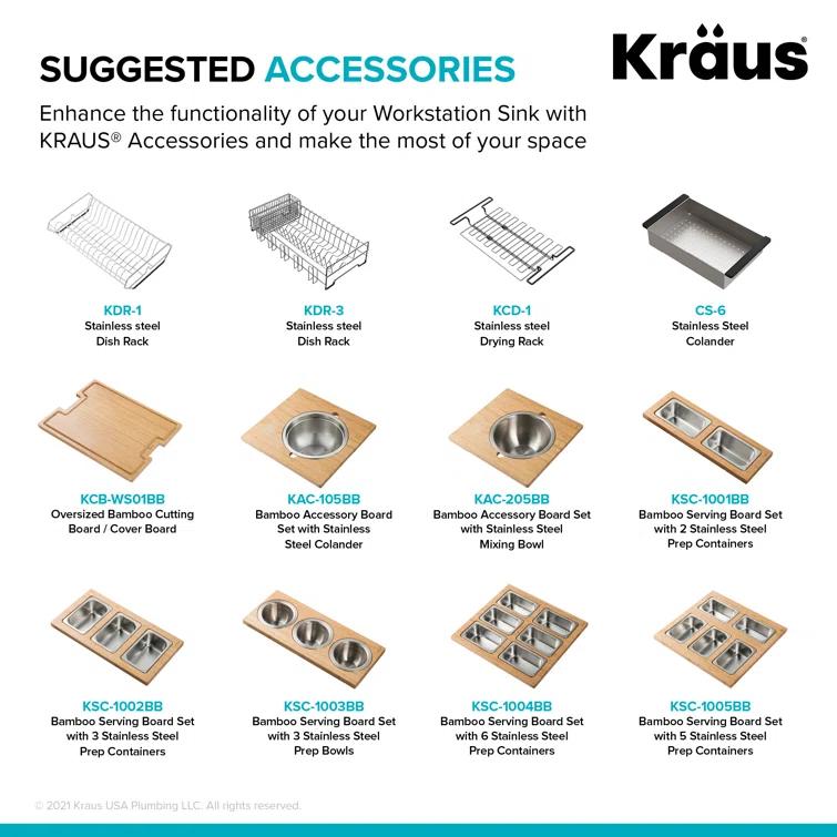 Kraus KWT310-33/5.5 Kore™ ADA Workstation 33" L Drop-In Top Mount 16 Gauge Stainless Steel Single Bowl Kitchen Sink with Accessories