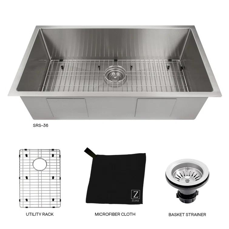 ZLINE SRS-36 ZLINE 36 in. Meribel Undermount Single Bowl Stainless Steel Kitchen Sink W/ Bottom Grid (SRS-36)