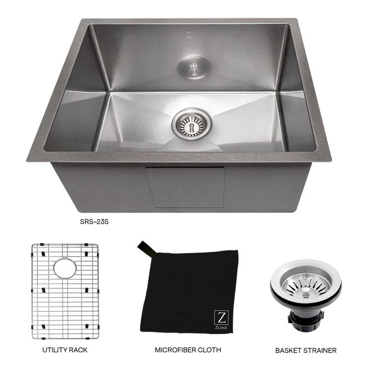 ZLINE 23 in. Meribel Undermount Single Bowl DuraSnow Stainless Steel Kitchen Sink W/ Bottom Grid (SRS-23S)