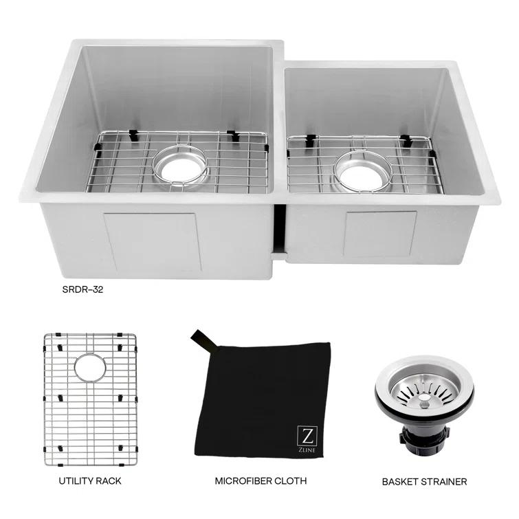 ZLINE 32" Jackson Undermount Double Bowl Fingerprint Resistant Stainless Steel Kitchen Sink with Bottom Grid