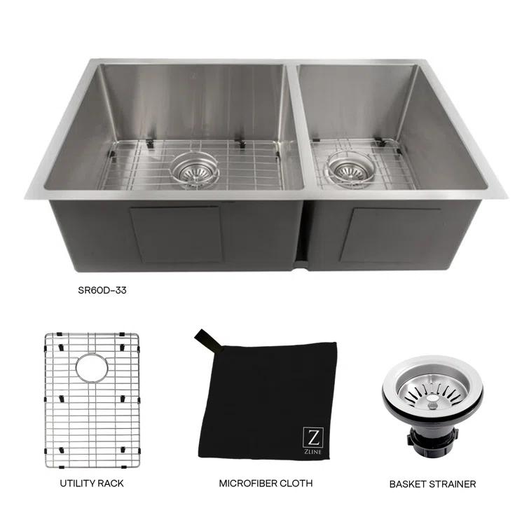 ZLINE SR60D-33 ZLINE 33 in. Chamonix Undermount Double Bowl Stainless Steel Kitchen Sink W/ Bottom Grid (SR60D-33)