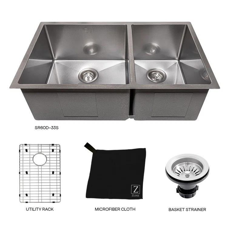 ZLINE 33 in. Chamonix Undermount Double Bowl DuraSnow Stainless Steel Kitchen Sink W/ Bottom Grid (SR60D-33S)