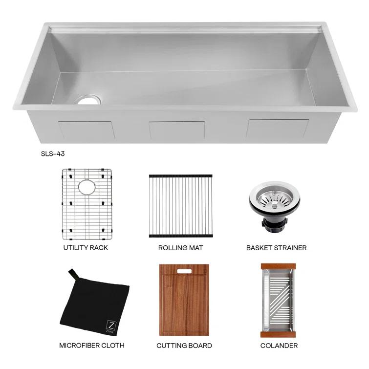 ZLINE 43 in. Garmisch Undermount Single Bowl Stainless Steel Kitchen Sink W/ Bottom Grid & Accessories (SLS-43)