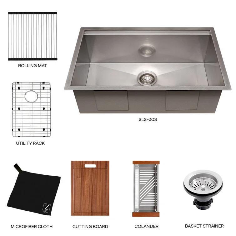 ZLINE 30 in. Garmisch Undermount Single Bowl DuraSnow Stainless Steel Kitchen Sink W/ Bottom Grid & Accessories (SLS-30S)