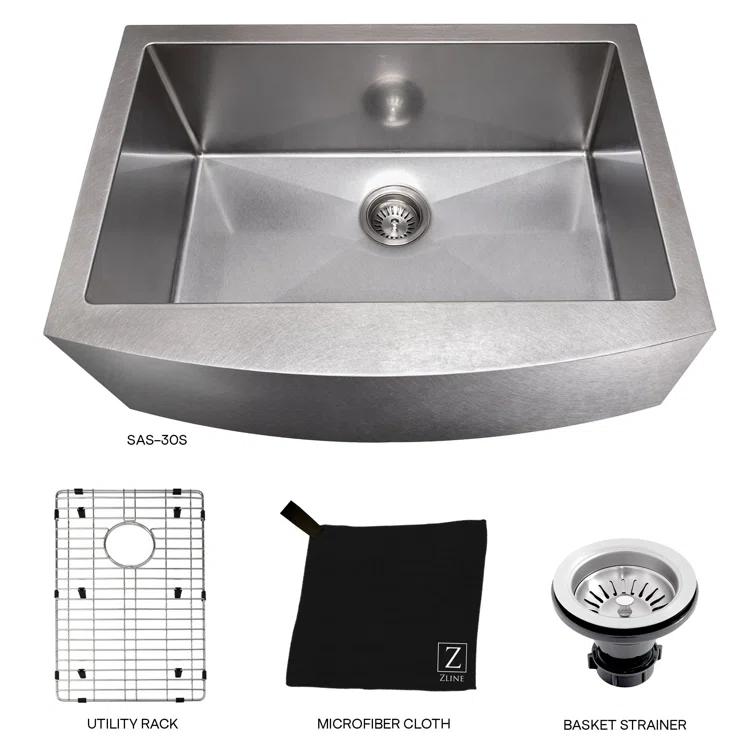 ZLINE 30 in. Zermatt Farmhouse Apron Mount Single Bowl DuraSnow Stainless Steel Kitchen Sink W/ Bottom Grid (SAS-30S)