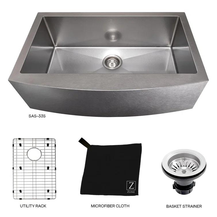 ZLINE 33 in. Vail Farmhouse Apron Mount Single Bowl DuraSnow Stainless Steel Kitchen Sink W/ Bottom Grid (SAS-33S)