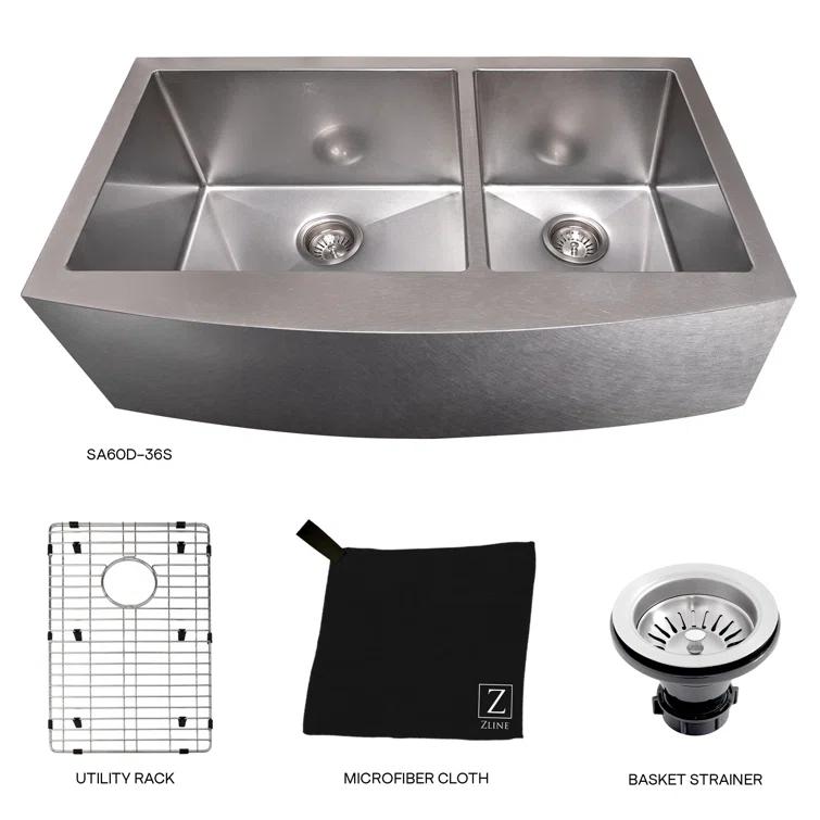 ZLINE 36 in. Courchevel Farmhouse Apron Mount Double Bowl DuraSnow Stainless Steel Kitchen Sink W/ Bottom Grid (SA60D-36S)
