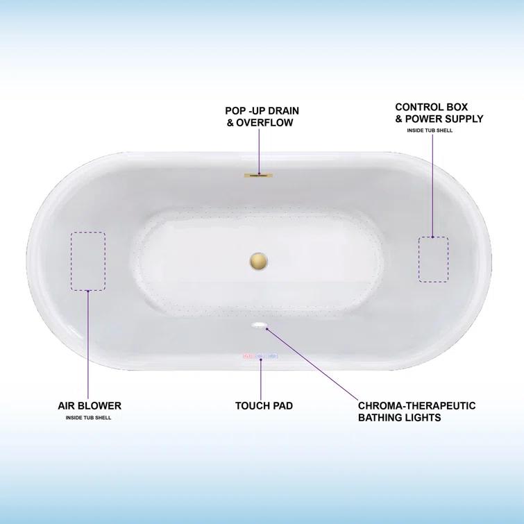 67" x 32" Freestanding Air Soaking Acrylic Bathtub with 208 Jets, 7 Colors LED Lights, Chromatherapy
