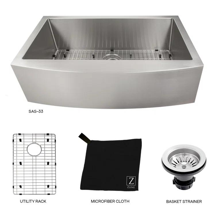 ZLINE 33 in. Vail Farmhouse Apron Mount Single Bowl Stainless Steel Kitchen Sink W/ Bottom Grid (SAS-33)