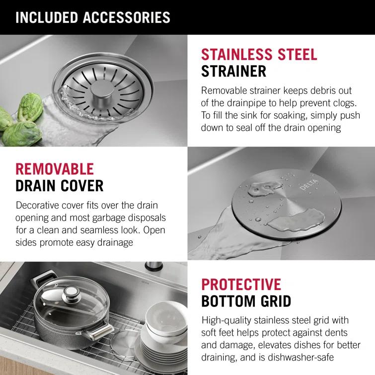Delta Rivet™ 33" L Workstation Kitchen Sink Drop-In Top Mount 16 Gauge Stainless Steel Single Bowl