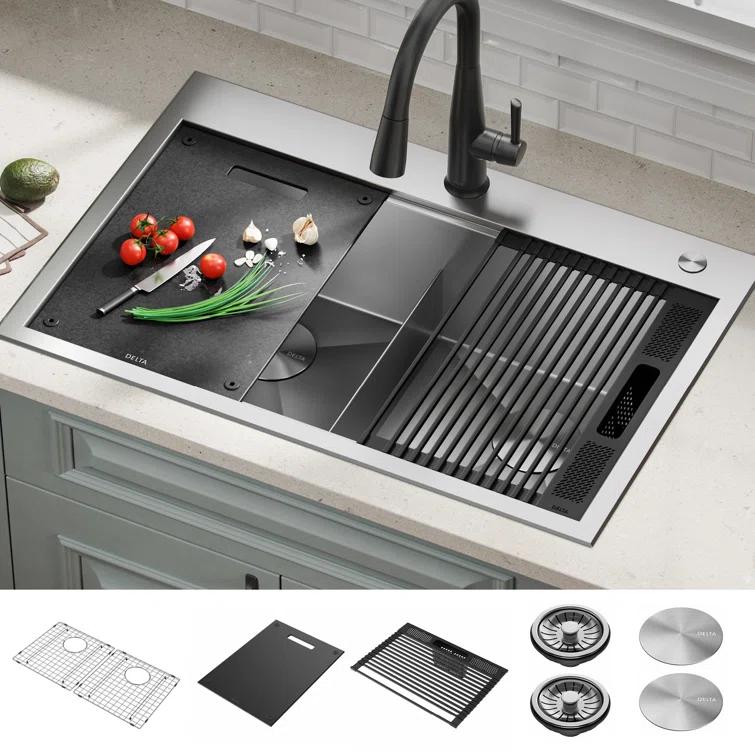 Delta Rivet™ 33" L Workstation Kitchen Sink Drop-In Top Mount 16 Gauge Stainless Steel 50/50 Double Bowl