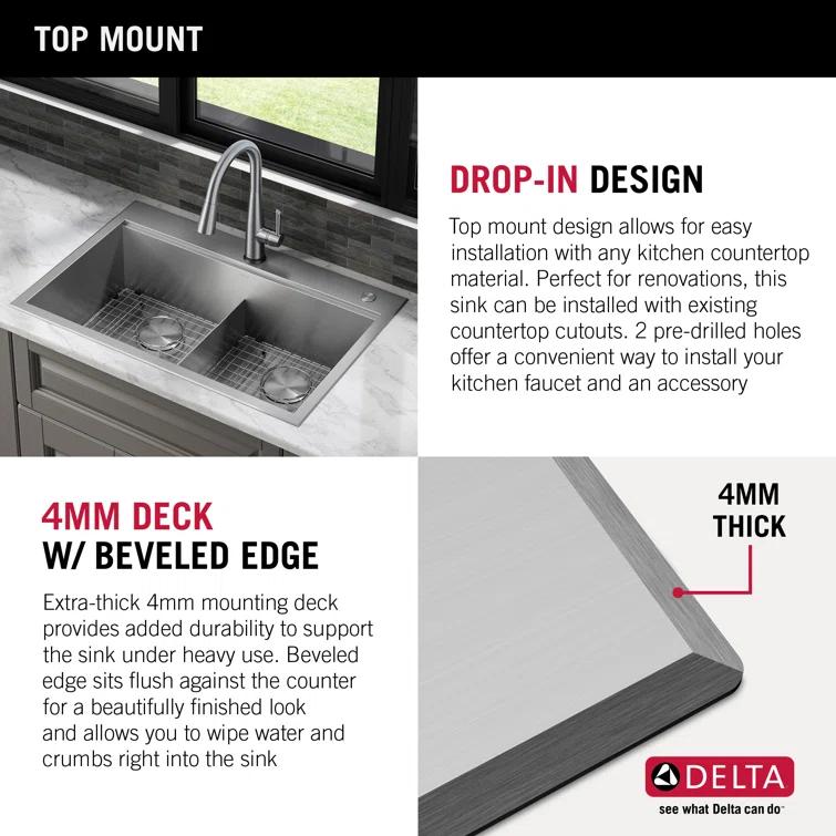 Delta Rivet™ 33" L Workstation Kitchen Sink Drop-In Top Mount 16 Gauge Stainless Steel 50/50 Double Bowl