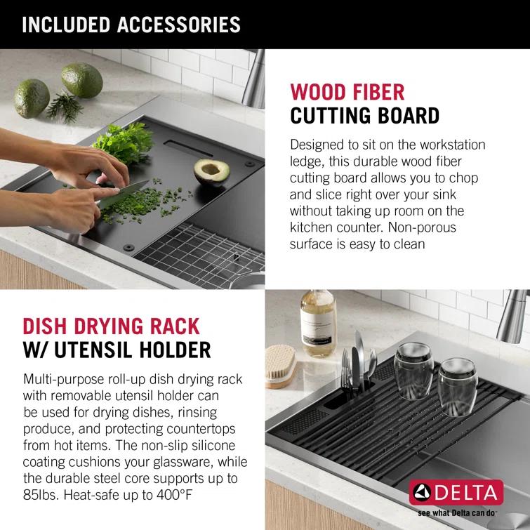 Delta Rivet™ 33" L Workstation Kitchen Sink Drop-In Top Mount 16 Gauge Stainless Steel 50/50 Double Bowl