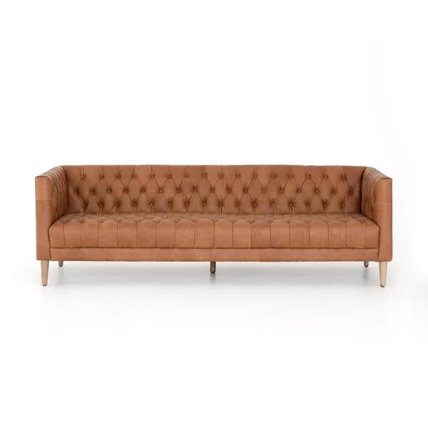 Rollins 90" Natural Washed Camel Leather Button Tufted Sofa