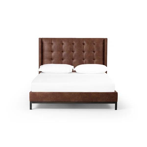 Elegance King-Size Gunmetal Iron Frame Bed with Vintage Tobacco Faux Leather