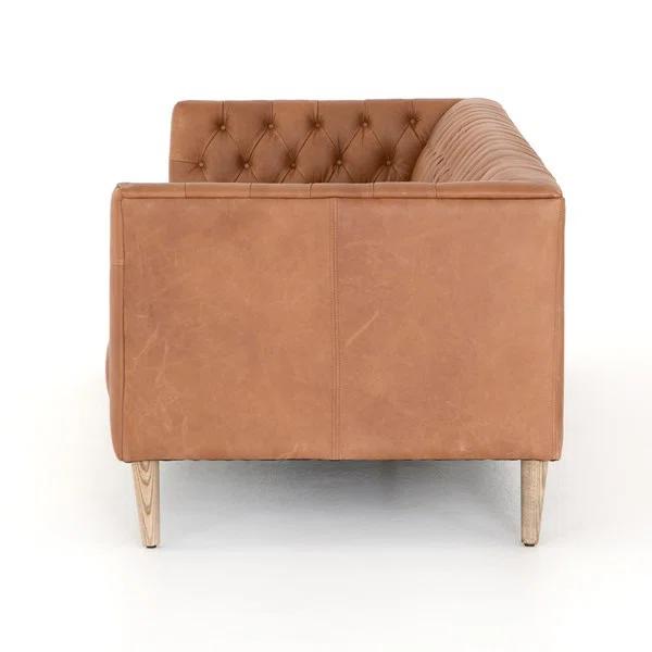 Rollins 90" Natural Washed Camel Leather Button Tufted Sofa