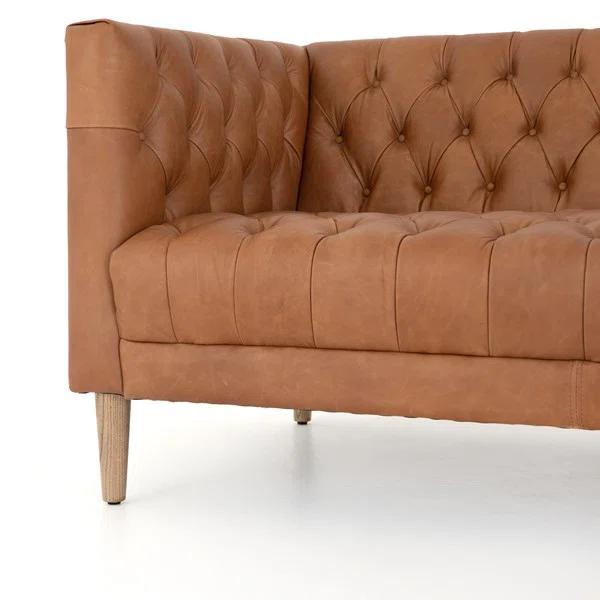 Rollins 90" Natural Washed Camel Leather Button Tufted Sofa