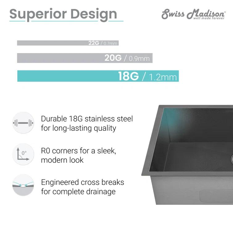 Tourner 26 x 18 Stainless Steel, Single Basin, Undermount Kitchen Sink
