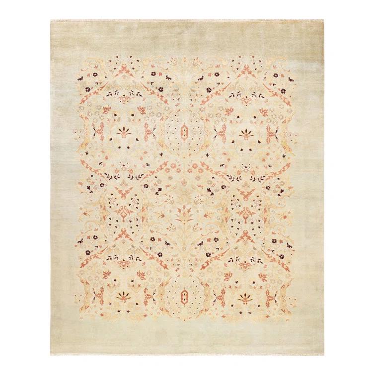 Ivory Floral Hand-Knotted Wool Rectangular Area Rug 8' x 10'