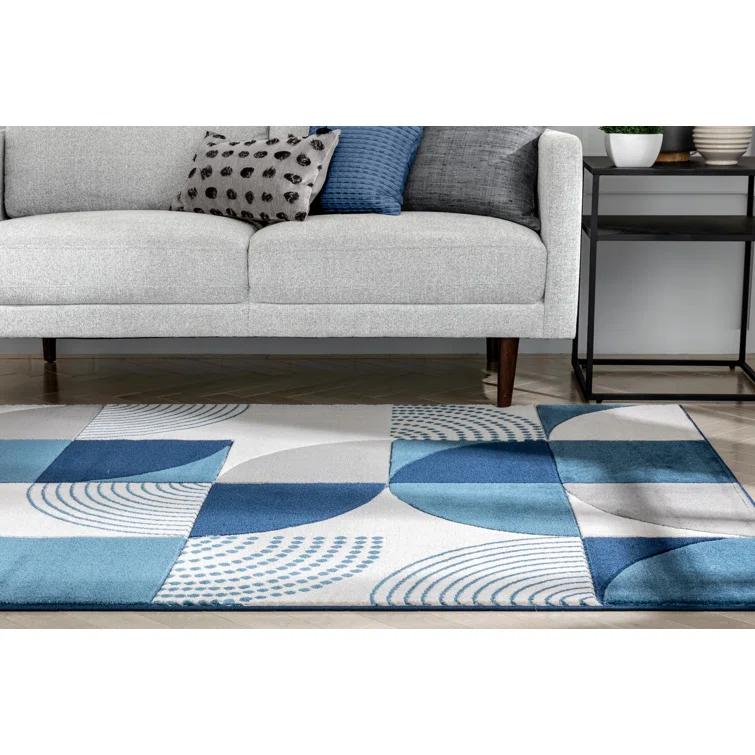 Clyte Blue Modern Geometric Boxes Lines 3D Textured Rug
