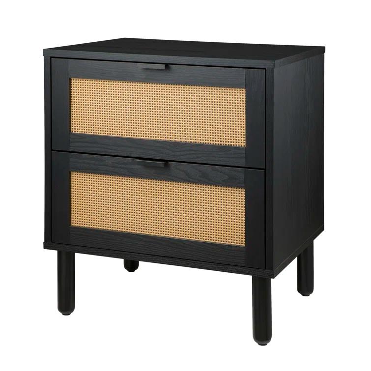 Sango Sango Orre 2-Drawer Solid Wood Nightstand, With Rattan, Cylicndrical Wooden Legs