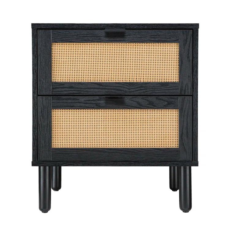 Sango Sango Orre 2-Drawer Solid Wood Nightstand, With Rattan, Cylicndrical Wooden Legs