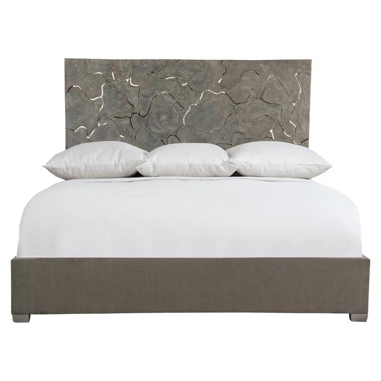 Gray King Upholstered Bed with Teak Panel Headboard