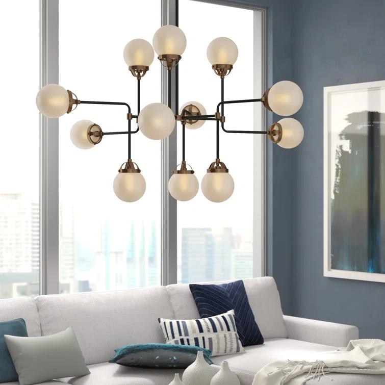 Cafe 12-Light Satin Brass Industrial Hanging Chandelier with Etched/White Inside Glass Shades