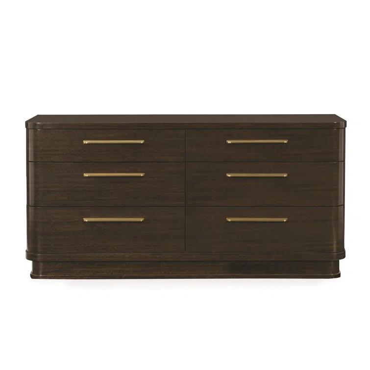 Transitional Aged Bourbon 6-Drawer Dresser with Golden Bronze Pulls