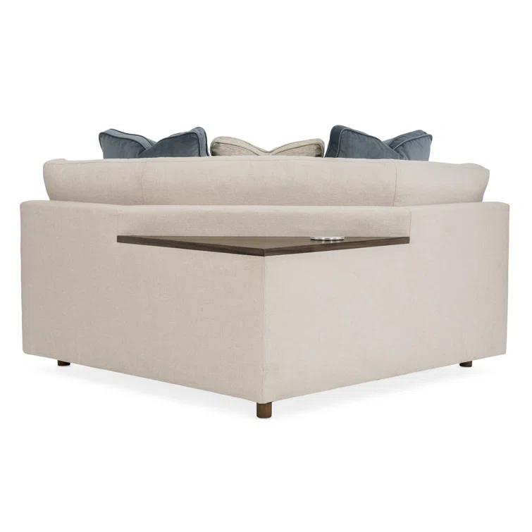 Beige Linen Transitional Stationary Sectional Sofa with Smoked Sable Wood Shelf