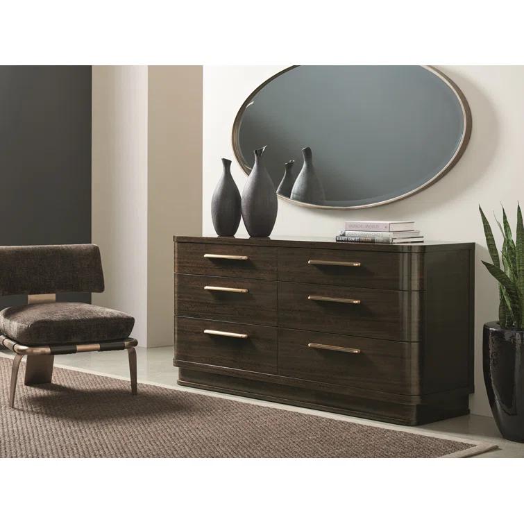 Transitional Aged Bourbon 6-Drawer Dresser with Golden Bronze Pulls