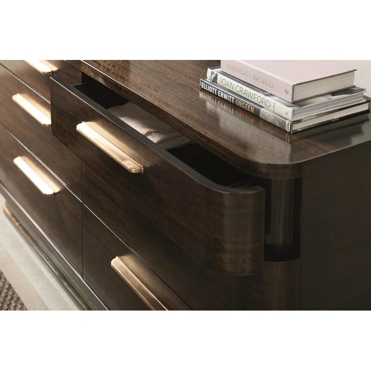 Transitional Aged Bourbon 6-Drawer Dresser with Golden Bronze Pulls